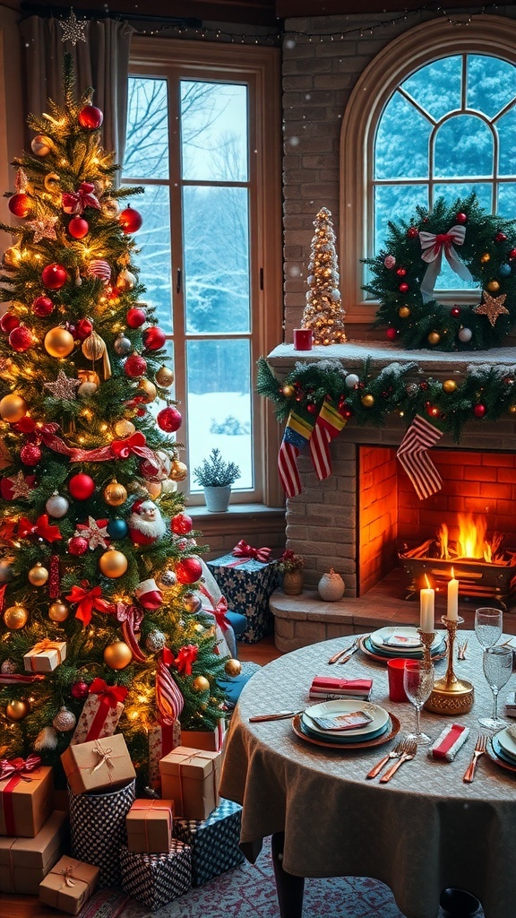 Festive Christmas Quotes for Instagram A cozy Christmas scene with a decorated tree, gifts, and a fireplace.